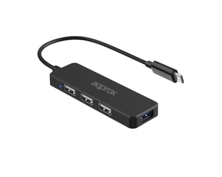 HUB 3 PUERTOS USB 2.0 + 1 PUERTO USB 3.0 TYPE C NEGRO APPROX