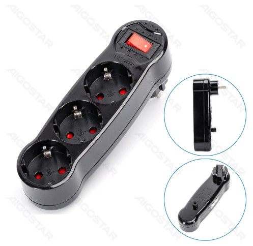 Enchufe de Conversion Aleman 1 a 3 16A con Interruptor Negro Aigostar