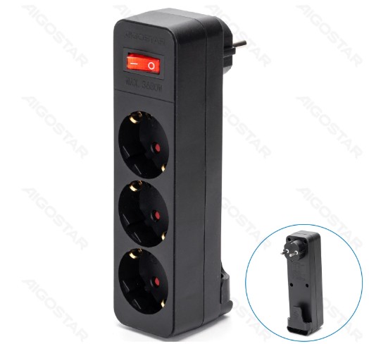 Enchufe de Conversion Aleman 1 a 3 16A con Interruptor Negro Aigostar