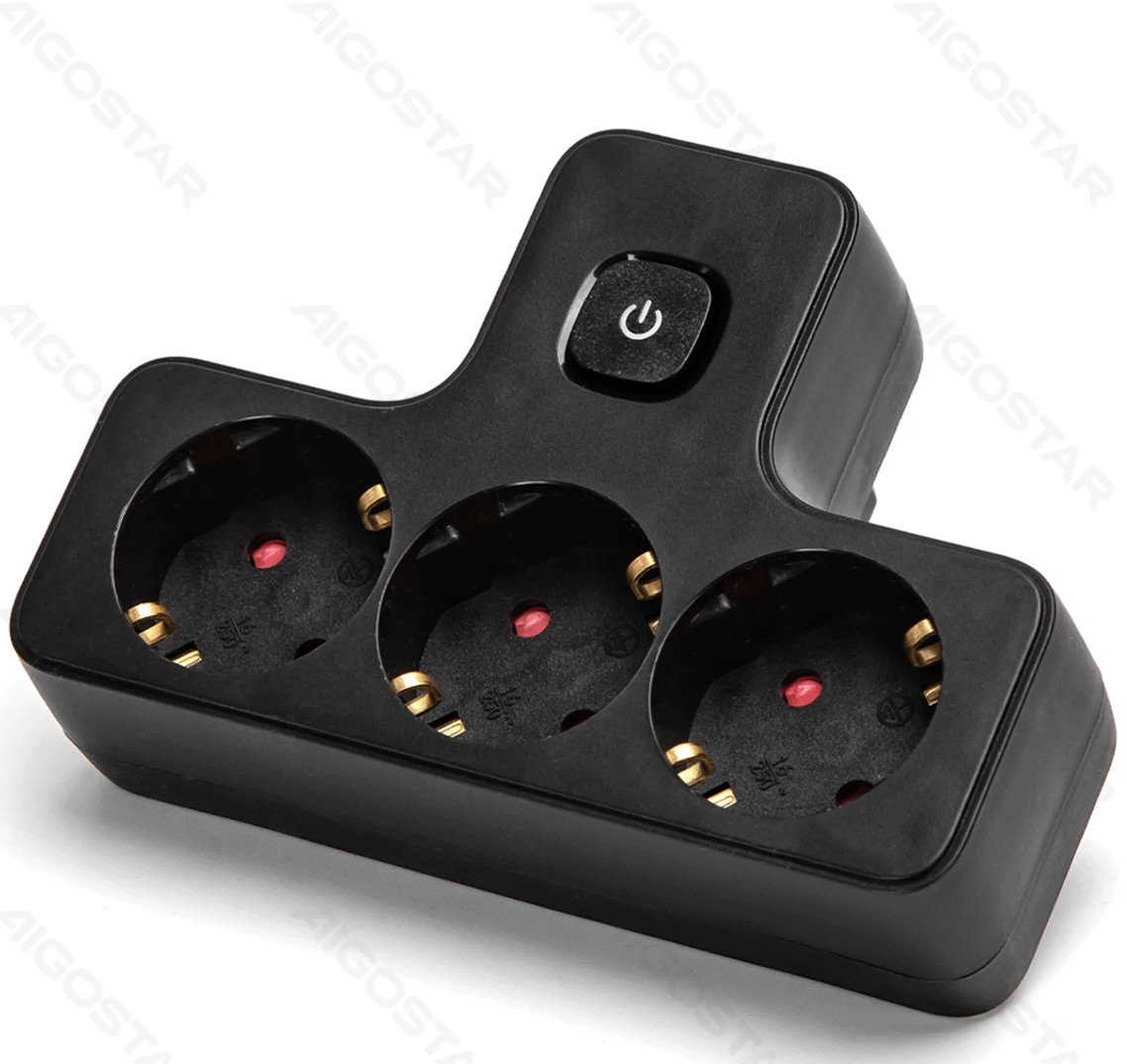 Enchufe de Conversion Aleman 1 a 3 16A con Interruptor Negro Aigostar